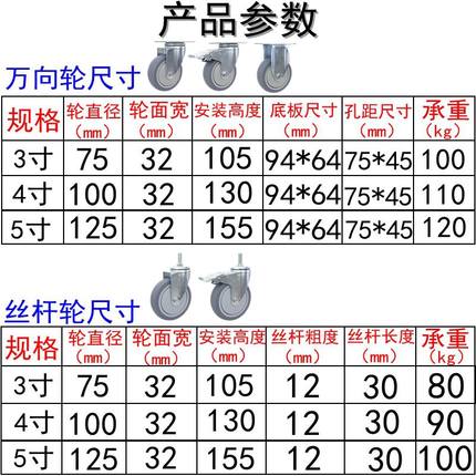 3寸4寸5寸M12螺丝杆平板静音橡胶万向脚轮子手拉推拖台车货架轱辘 - 图1