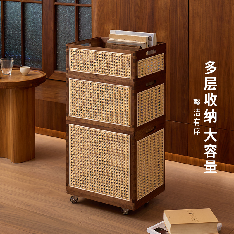 梵瀚 藤编储物收纳筐带盖多层可移动家用书籍零食实木杂物置物架 - 图0