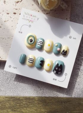 撞色小黑猫手绘穿戴甲定制美甲