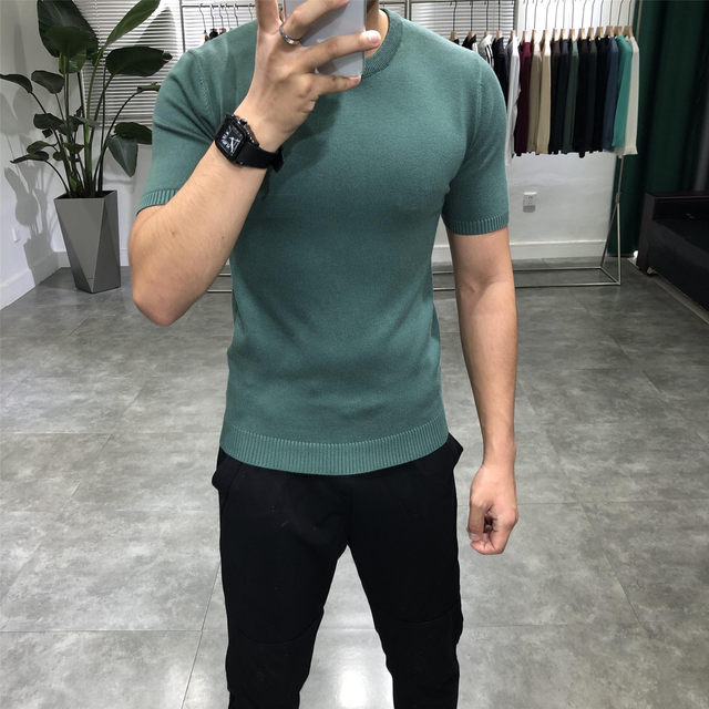 2024 Men's Solid Color Slim Fit Sweater Round Neck Autumn/Winter Couple Casual Versatile Simple Half Sleeve Knitted Shirt Bottom