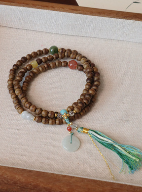 一线黄油沉香木多圈手串文玩手串三圈设计玛瑙天珠大漆珠手串