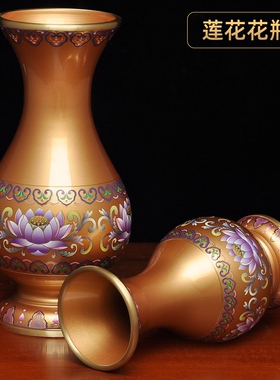 黄铜佛具套装家用供佛莲花香炉铜花瓶LED长明灯波灯供盘香筒油灯