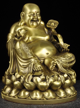 纯黄铜如意弥勒佛摆件大肚佛笑佛家用客厅玄关装饰品寺庙佛堂供奉