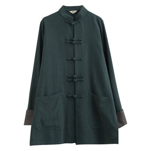 春秋季苎麻外套中式男款对襟衬衫中国风宽松休闲立领开衫盘扣上衣 - 图3