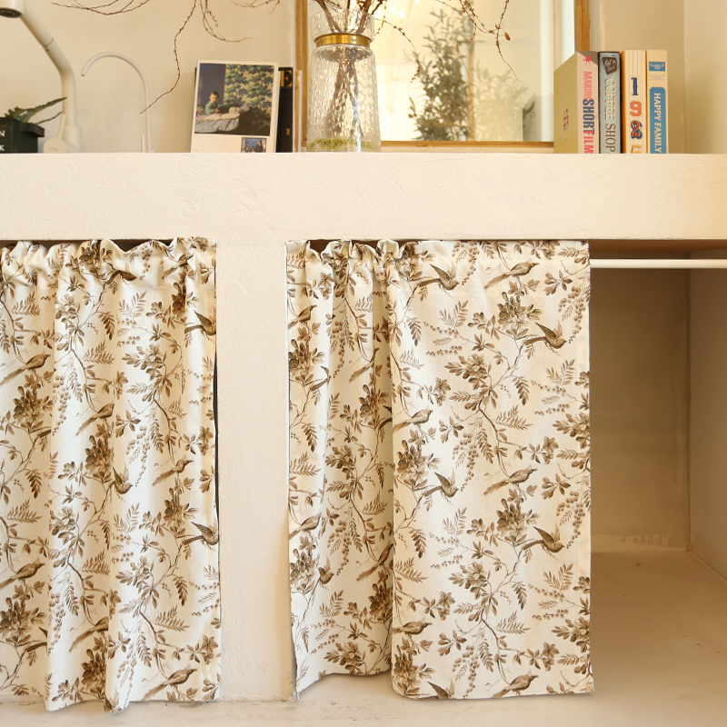 美式窗帘半帘花卉飞鸟咖啡色穿杆免打孔门帘韩式粘贴魔术贴定制 - 图2
