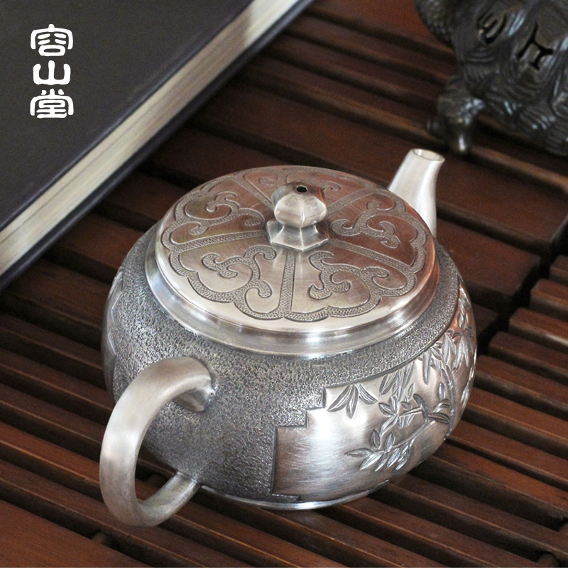 容山堂茗华木把银泡茶壶浮雕银壶錾刻心经小茶壶家用手工茶壶-图2