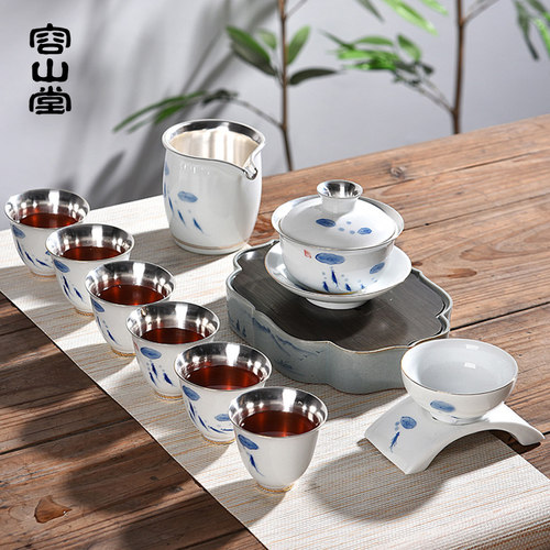 容山堂固德玉瓷鎏银盖碗茶杯大号家用手绘品茗杯茶漏功夫茶具套装 - 图0