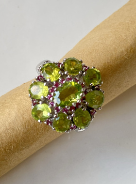 德国回流古董库存全新品质橄榄石银戒指花朵15号