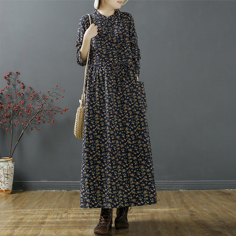 千秋飞燕文艺盘扣碎花加绒连衣裙 千秋飞燕连衣裙