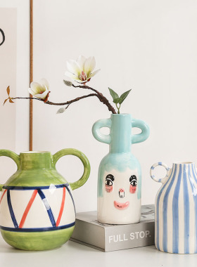 手绘蓝白色条纹欧式陶瓷花瓶咖啡馆奶茶店干假花插花装饰摆件大肚