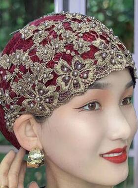 帽子女盖头女回秋冬款新款头巾妈妈加厚钉珠纱巾老年包头帽
