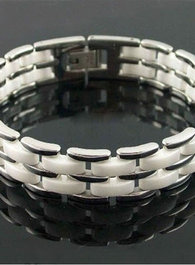 欧美奢华范黑白陶瓷情侣手链时尚单排双排钛钢手环高级感配饰礼物