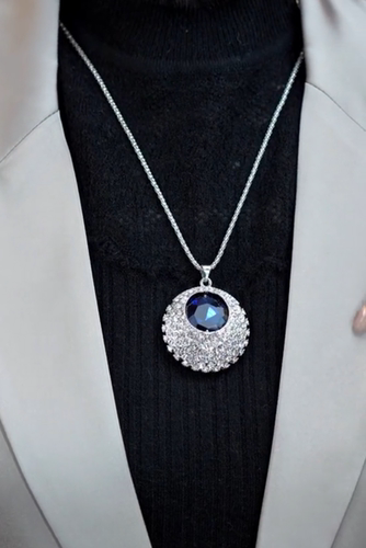 镶钻圆形项链蓝宝石毛衣链长款高级感2022年新款潮百搭挂件配饰闪 - 图0
