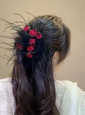 玫瑰花抓夹黑羽毛花朵发夹鲨鱼夹