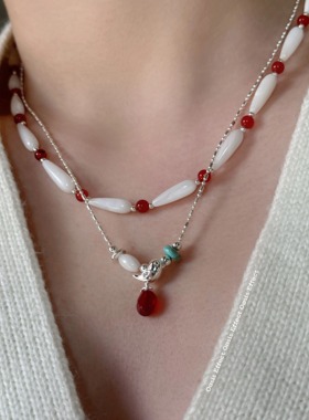 OASIS 绯莺红玛瑙白贝锆石彩色春夏串珠项链小众新中式锁骨链颈链