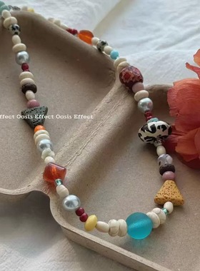 OASIS 拼布手账手绘木珠天然石彩色春夏串珠项链小众锁骨链颈链
