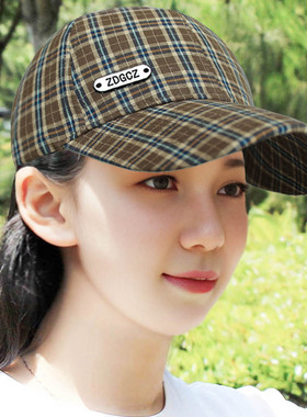 帽子女时尚百搭鸭舌帽格子条纹棒球帽春秋季新款可调节防晒遮阳帽