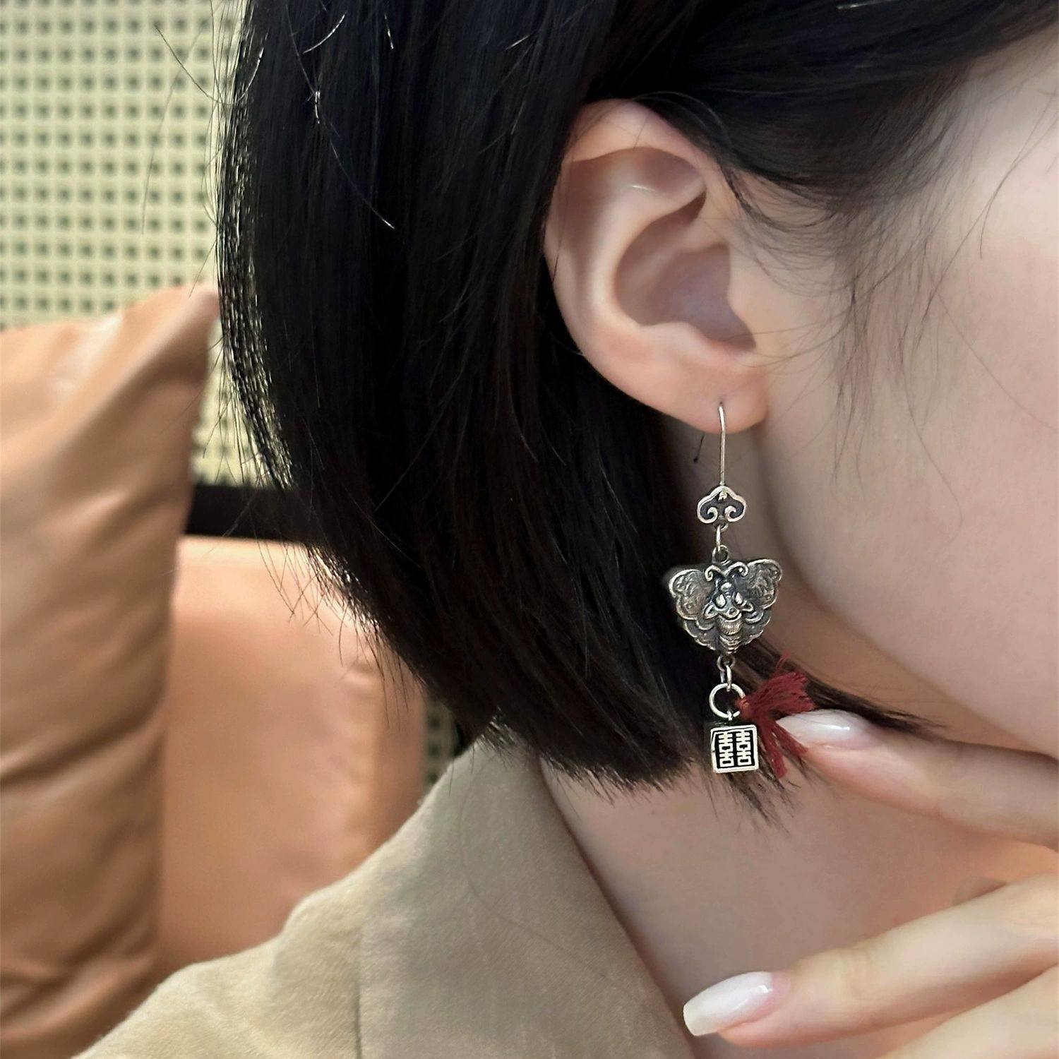 红双喜祥云珠双喜蝴蝶祥云AB款耳钩气质耳坠耳饰新中式耳环民族风,淘宝优惠券,粉丝福利购,淘宝优惠卷