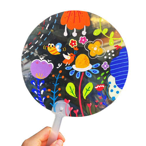 diy透明扇子手绘团扇儿童手工材料包绘画涂鸦空白扇pvc小圆塑料扇 - 图3