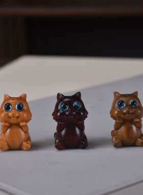 小猫咪木质钥匙扣项链挂件紫檀木雕红木立体镶嵌猫头手机链diy配