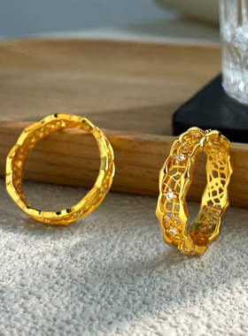 镂空古法镀黄金色戒指女