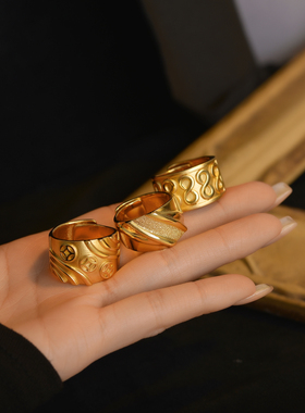 新款古法锡金錾刻吉言戒指