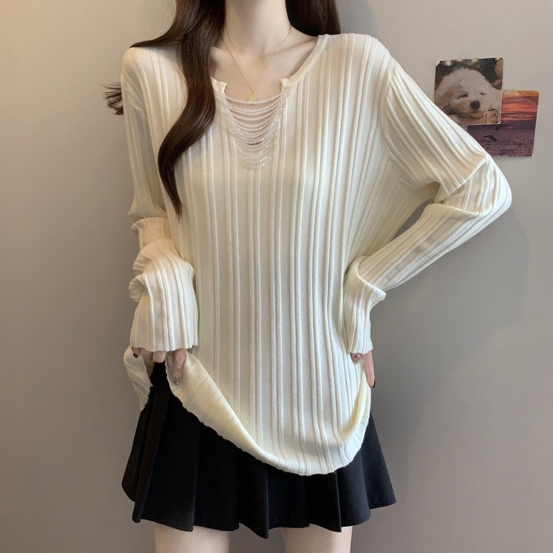 大码女装设计感串珠v领长袖针织衫秋冬胖mm宽松显瘦遮肉打底毛衣,淘宝优惠券,粉丝福利购,淘宝优惠卷