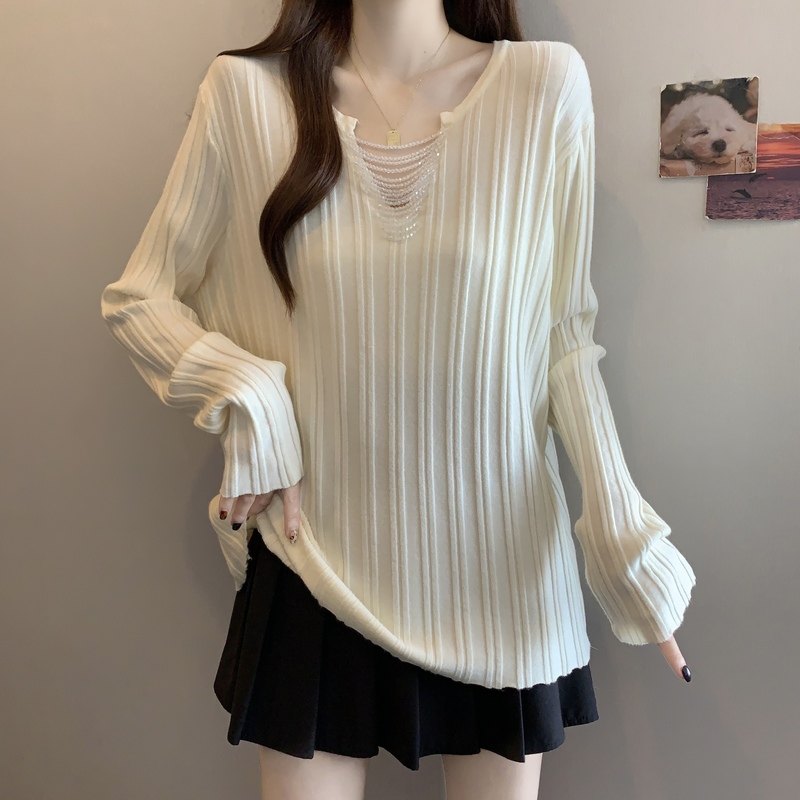 大码女装设计感串珠v领长袖针织衫秋冬胖mm宽松显瘦遮肉打底毛衣,淘宝优惠券,粉丝福利购,淘宝优惠卷