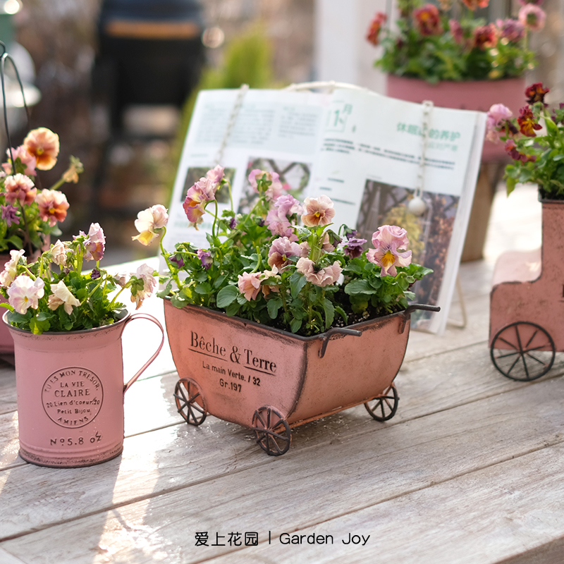 爱上花园|园艺杂货铁皮做旧庭院室内草花套盆花盆 铁艺手推车花盒