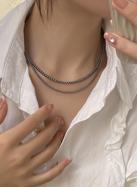 大溪地黑珍珠项链女纯银毛衣链