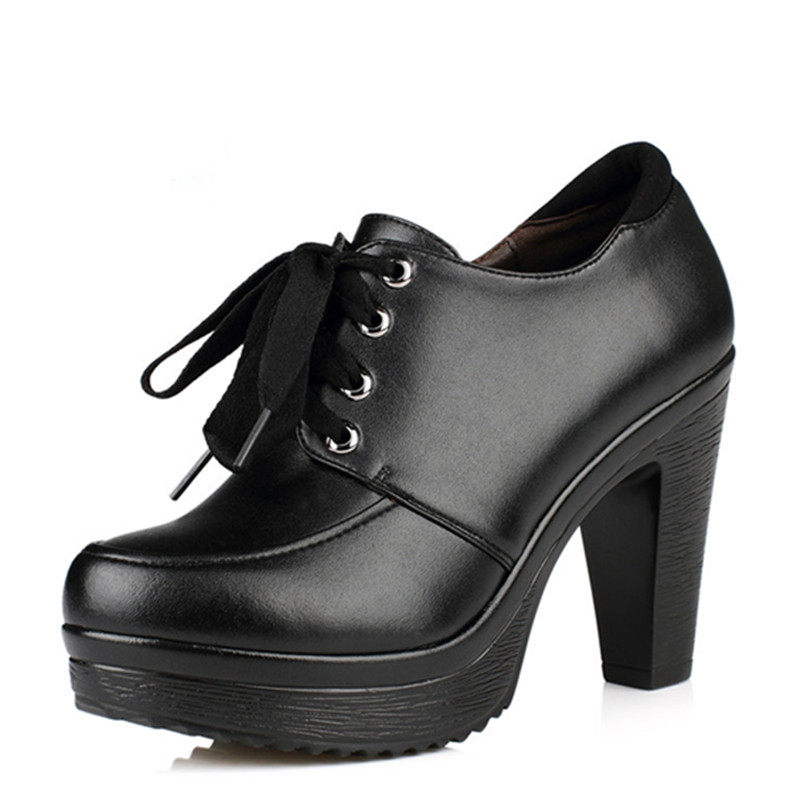 2025年春秋粗跟女鞋牛皮厚底高跟鞋防水台系带深口单鞋加绒妈妈鞋,淘宝优惠券,粉丝福利购,淘宝优惠卷