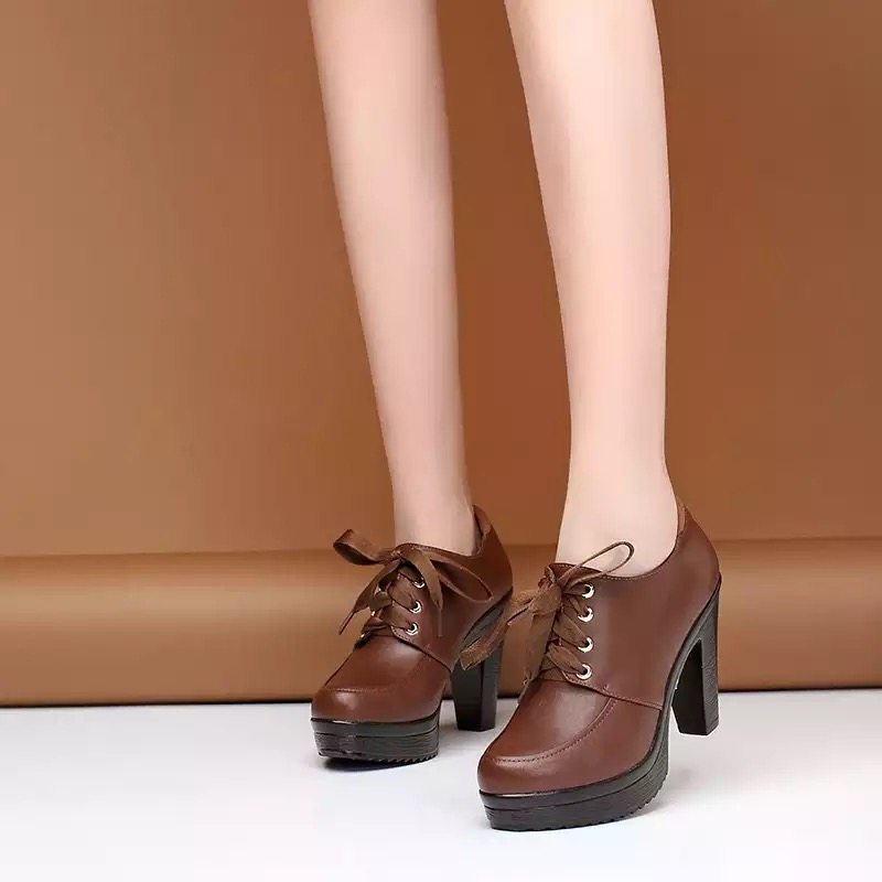 2025年春秋粗跟女鞋牛皮厚底高跟鞋防水台系带深口单鞋加绒妈妈鞋,淘宝优惠券,粉丝福利购,淘宝优惠卷