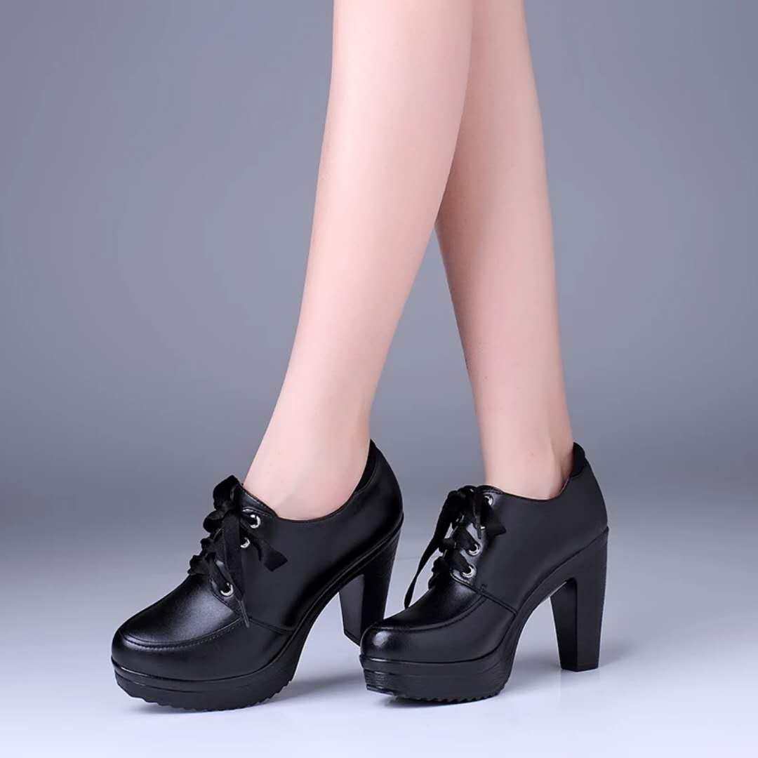 2025年春秋粗跟女鞋牛皮厚底高跟鞋防水台系带深口单鞋加绒妈妈鞋,淘宝优惠券,粉丝福利购,淘宝优惠卷