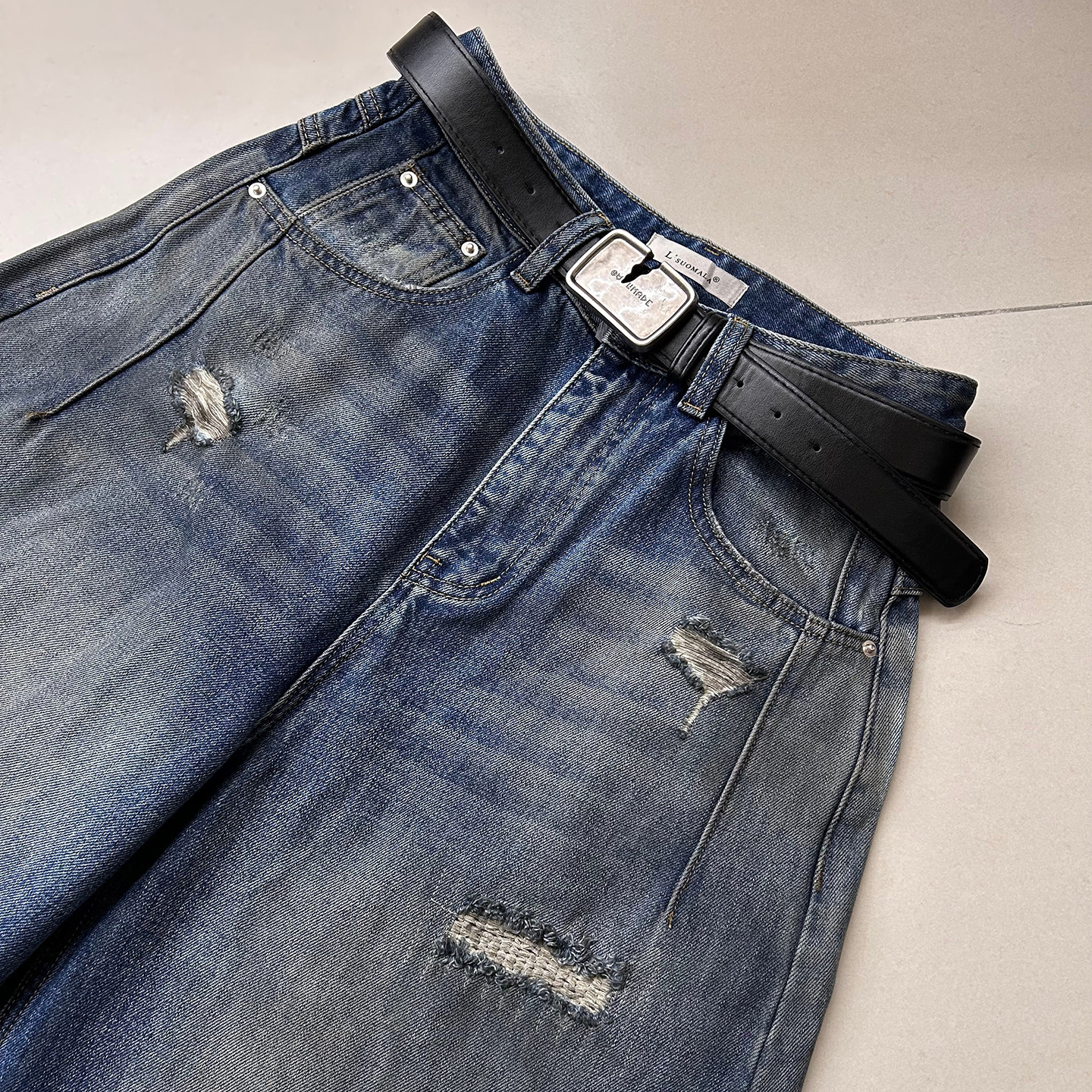 欧洲站破洞抓毛牛仔裤女2025年秋冬新款高腰宽松显瘦百搭直筒长裤,淘宝优惠券,粉丝福利购,淘宝优惠卷