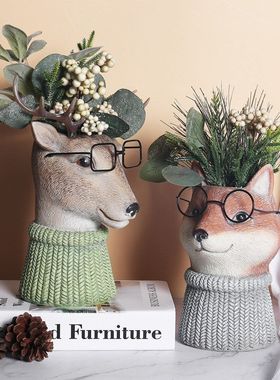 树脂庭院花园动物花盆花瓶摆件园林家居装饰品猫头鹰鹿桌面工艺品