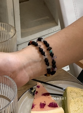 济州岛火山石手链 小众黑色串珠山茶花可爱手串复古彩色手饰手环