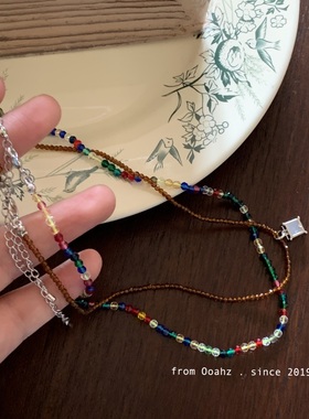 叠戴范本~彩色项链水晶串珠两条装 春夏百搭新色项圈锁骨链套装女