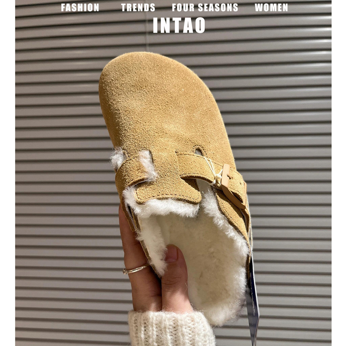 摩卡色磨砂牛皮勃肯鞋半拖女秋冬加绒2025年新款一脚蹬厚底毛毛鞋 - 图2