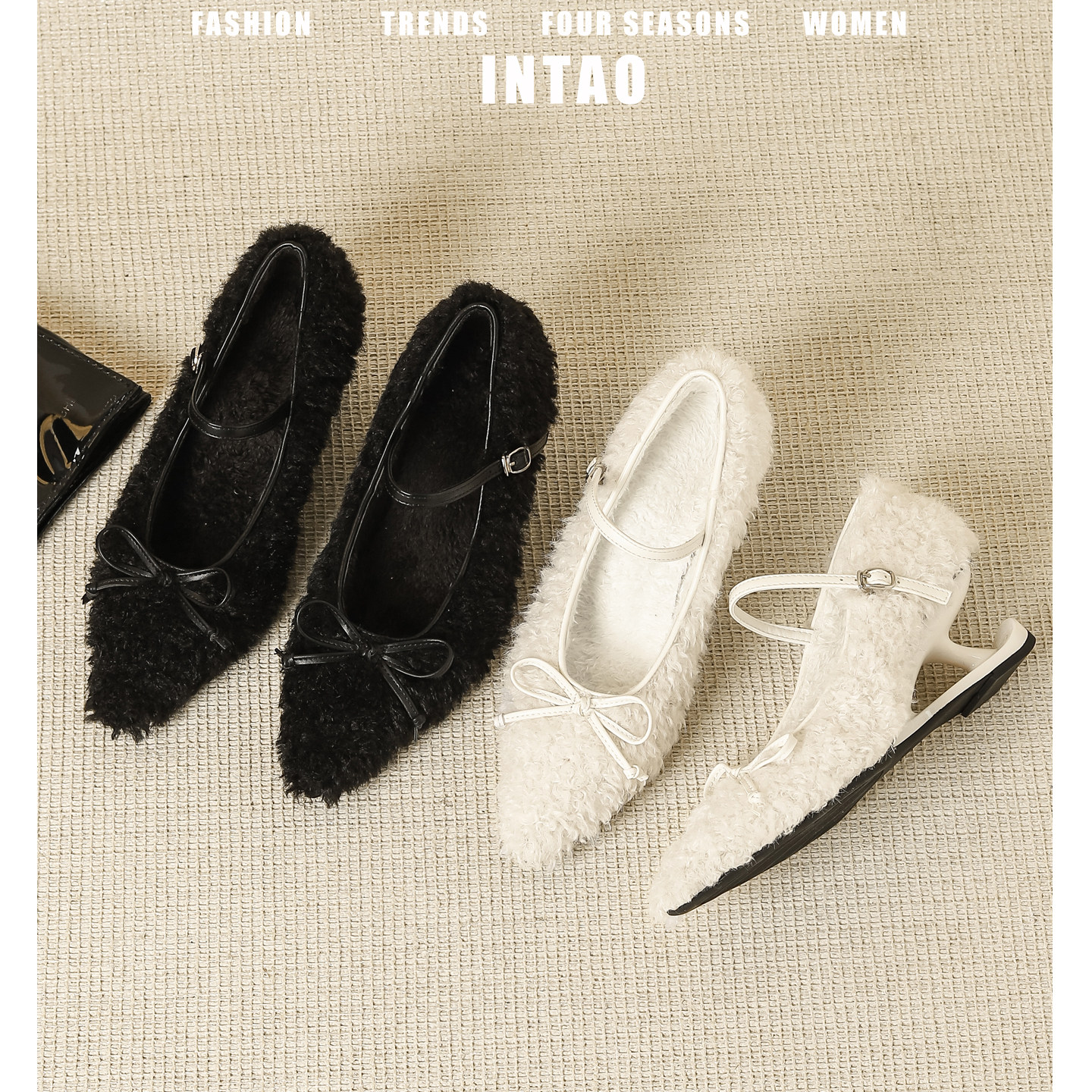 黑色一字带毛毛鞋女秋冬加绒2025新款法式尖头棉鞋小个子高跟单鞋,淘宝优惠券,粉丝福利购,淘宝优惠卷