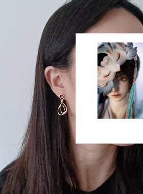 礼品带盒时尚日韩耳环耳钉水滴形坠古法手工滴油黑色镀真金质量好