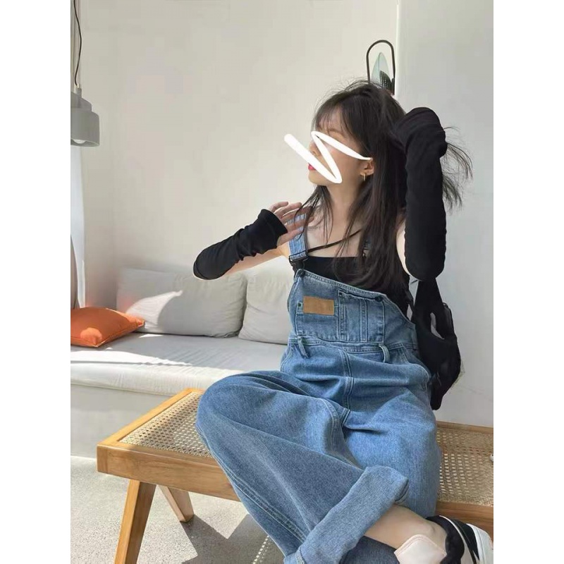 牛仔背带裤女2022夏季小个子网红小众设计感宽松显瘦直筒阔腿长裤