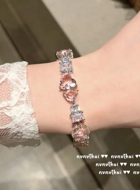 音符露珠彩虹宝石手链 Vintage 镀18K金 糖果粉爱心锆石手链 组合