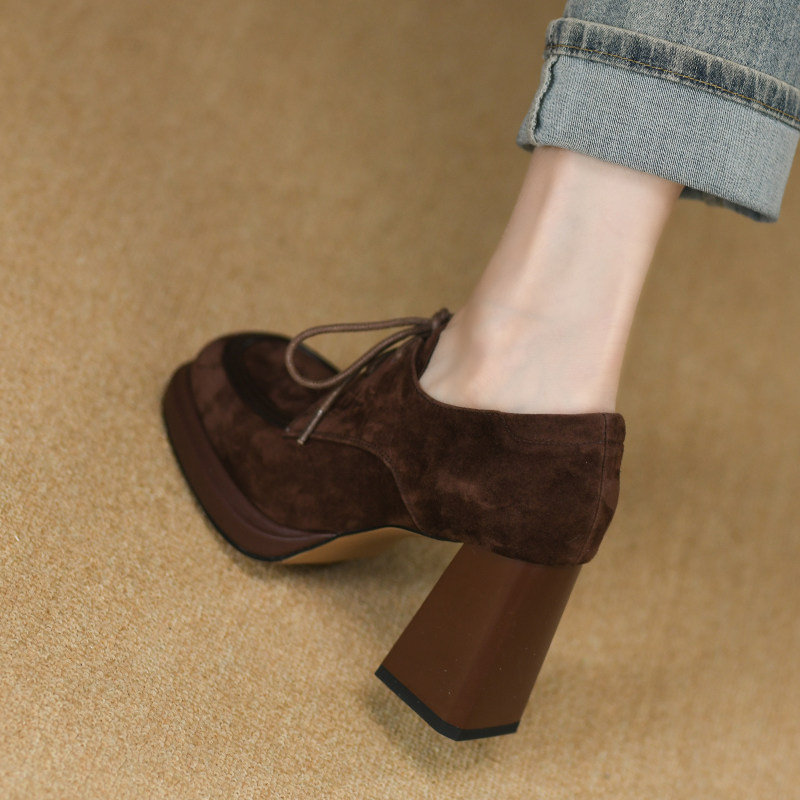 8.5cm复古棕色方头深口厚底单鞋女粗跟春秋新款真皮系带高跟鞋女,淘宝优惠券,粉丝福利购,淘宝优惠卷