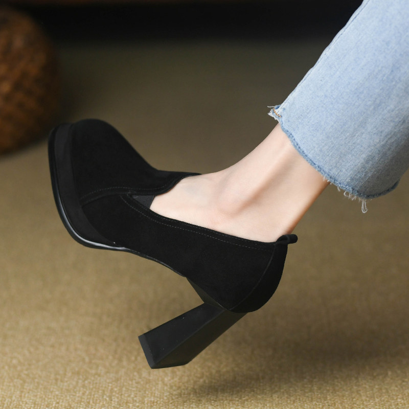 8.5cm磨砂羊皮高跟鞋女粗跟春季新款松紧时尚黑色方头深口单鞋女,淘宝优惠券,粉丝福利购,淘宝优惠卷