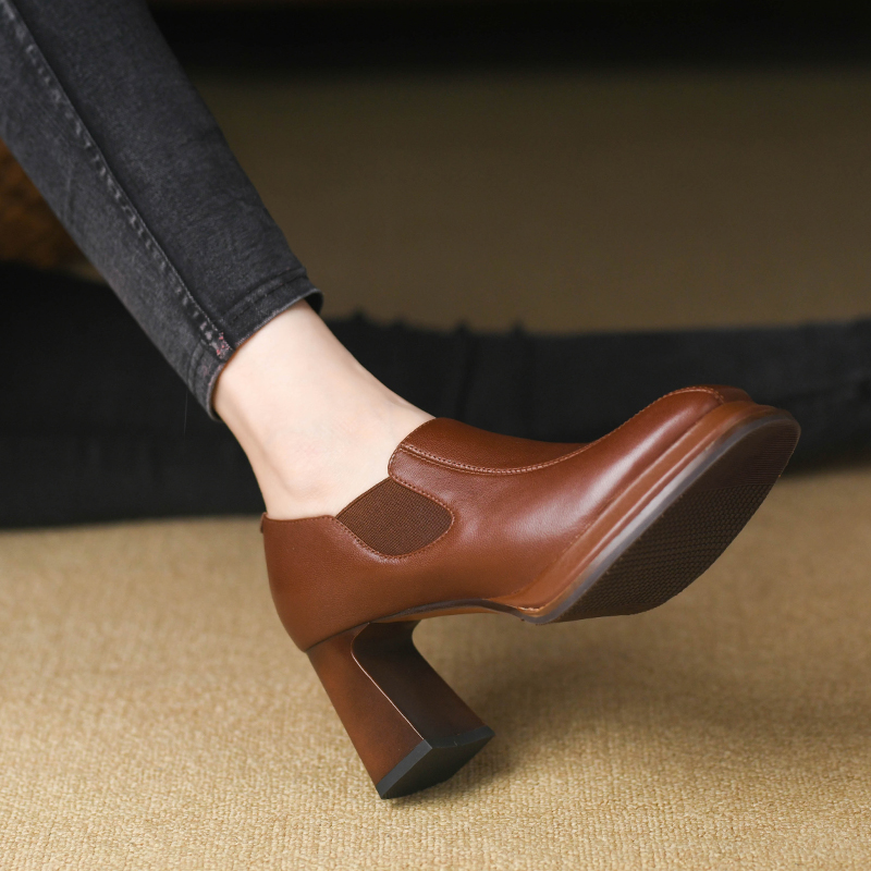 英伦风复古方头深口单鞋女粗跟2024春秋季真皮松紧口高跟小皮鞋女,淘宝优惠券,粉丝福利购,淘宝优惠卷