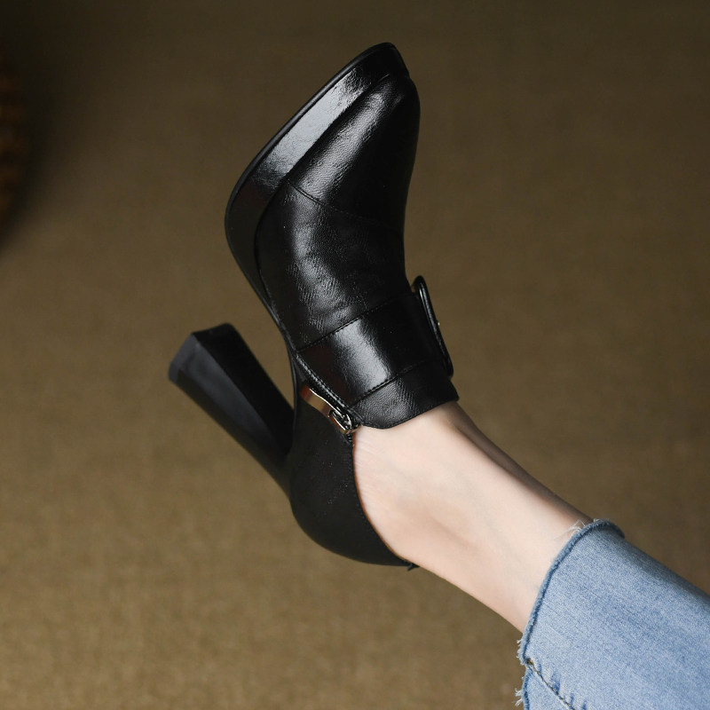 复古尖头深口单鞋女粗跟春款皮带扣拉链压花全牛皮黑色高跟鞋10cm,淘宝优惠券,粉丝福利购,淘宝优惠卷