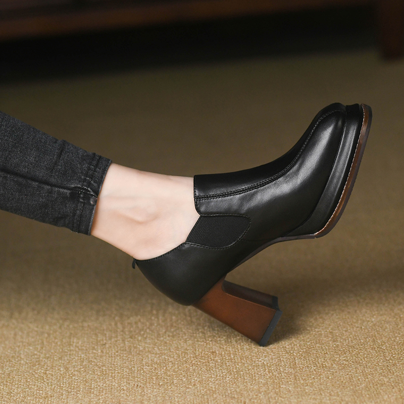 英伦风复古方头深口单鞋女粗跟2024春秋季真皮松紧口高跟小皮鞋女,淘宝优惠券,粉丝福利购,淘宝优惠卷
