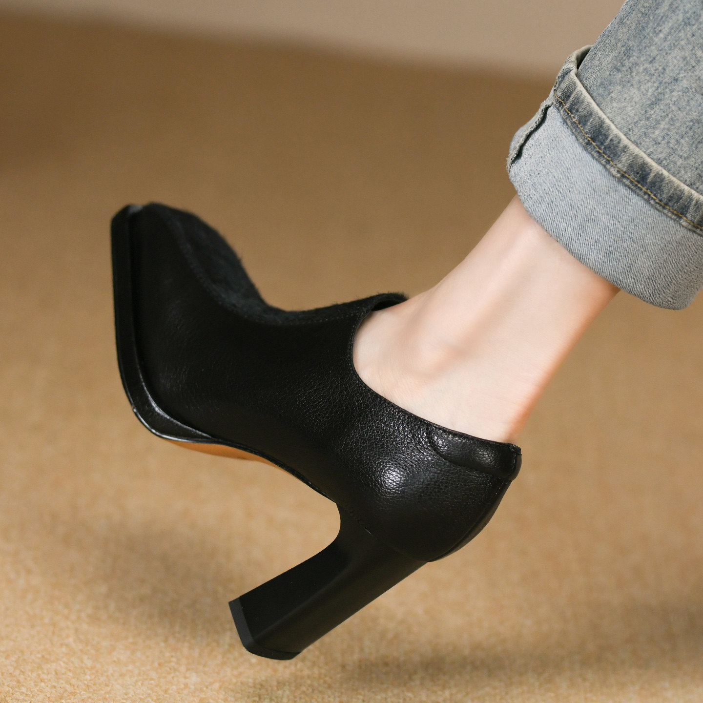 时尚黑色方头深口单鞋女粗跟秋季新款侧拉链拼接真皮马毛高跟鞋女,淘宝优惠券,粉丝福利购,淘宝优惠卷