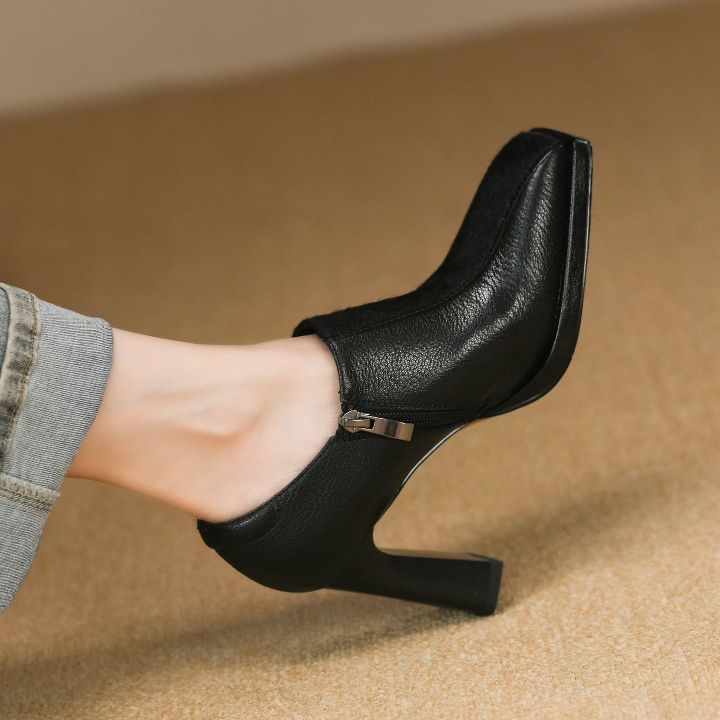 时尚黑色方头深口单鞋女粗跟秋季新款侧拉链拼接真皮马毛高跟鞋女,淘宝优惠券,粉丝福利购,淘宝优惠卷