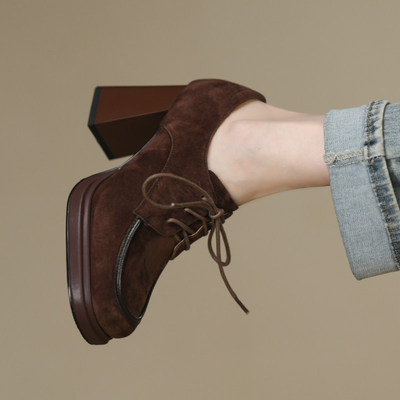 8.5cm复古棕色方头深口厚底单鞋女粗跟春秋新款真皮系带高跟鞋女,淘宝优惠券,粉丝福利购,淘宝优惠卷